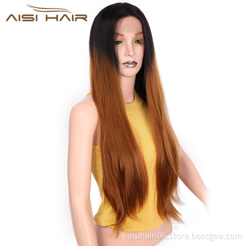 Dropshoppping Silky Straight Wig Lace Frontal Ombre Brown Dark Long Wig Natural Wave Front Lace Hair Wigs For Women
